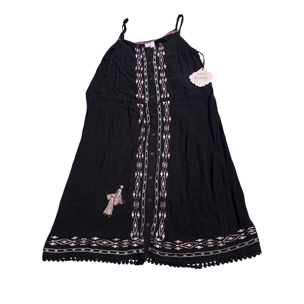 NEW Knox Rose Boho Midi Dress Black Embroidered Tassel Pom Pom Button Front M